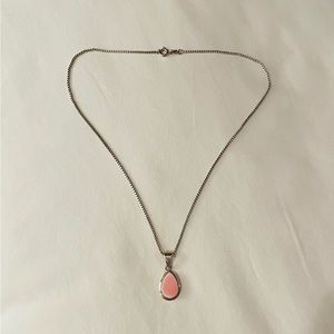 Pink stone pendant necklace with silver chain, 16”